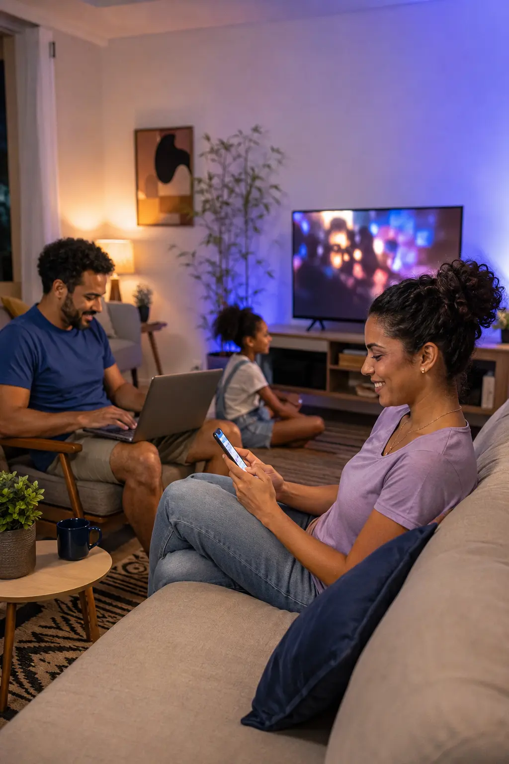 Família usando vários aparelhos conectados em casa
